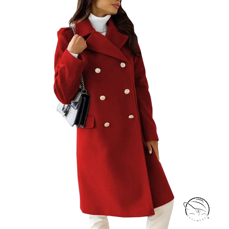 Army green double breasted long sleeve collared woolen coat with white buttons