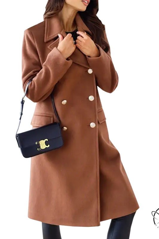 Army green double breasted long sleeve collared woolen coat with wide collar