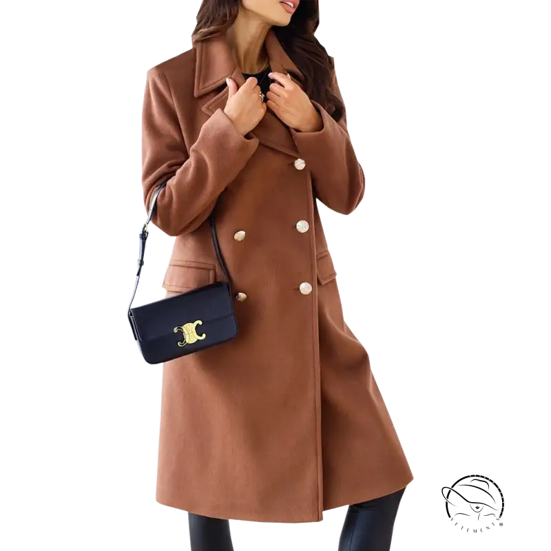 Army green double breasted long sleeve collared woolen coat with wide collar