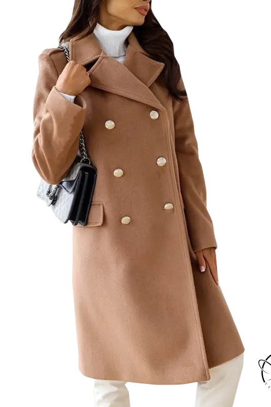 Army green double breasted long sleeve collared woolen coat