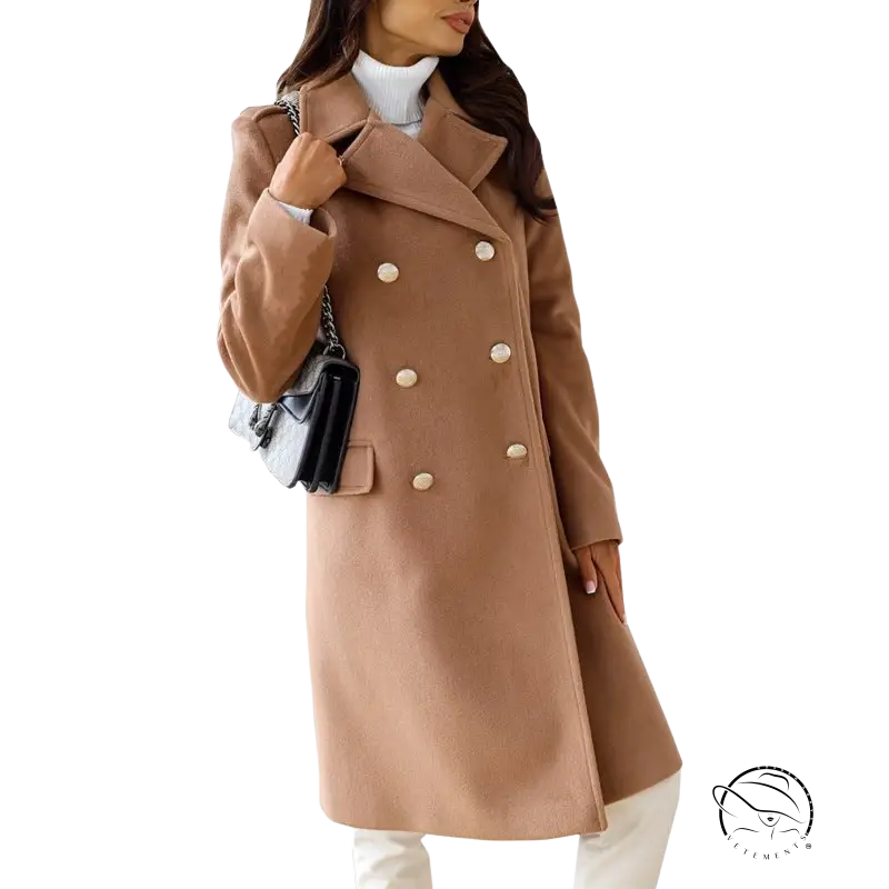 Army green double breasted long sleeve collared woolen coat