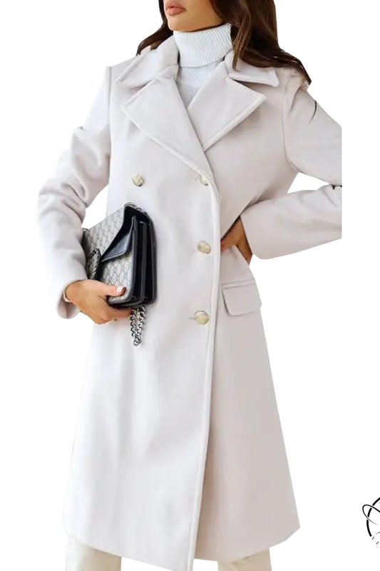 Army green double breasted long sleeve collared woolen coat with white trench style