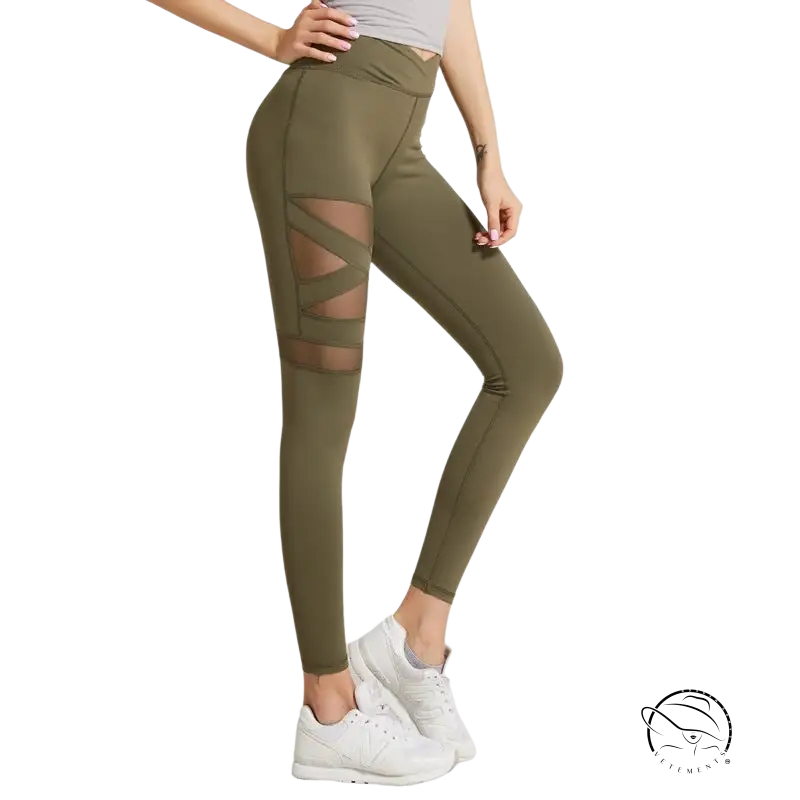 Army green energy flex leggings with olive mesh thigh panels for fitness yoga