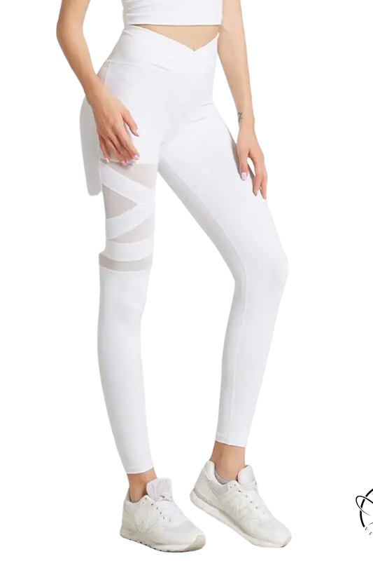 Army green energy flex leggings with white high-waisted geometric mesh panel for fitness yoga