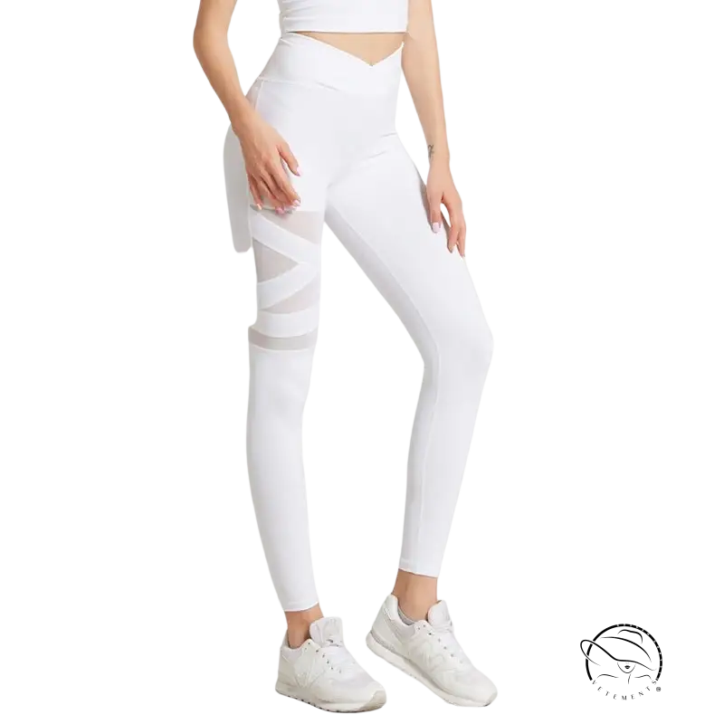 Army green energy flex leggings with white high-waisted geometric mesh panel for fitness yoga