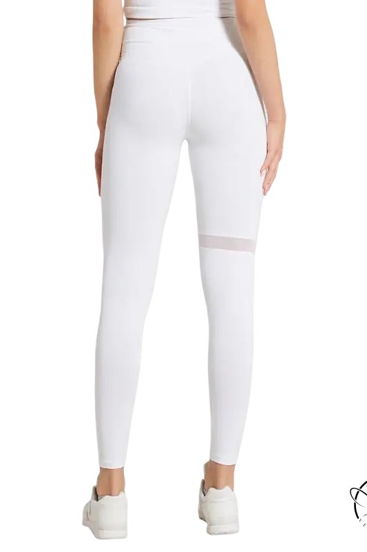 Army green energy flex leggings with white high-waisted mesh thigh panel for fitness yoga