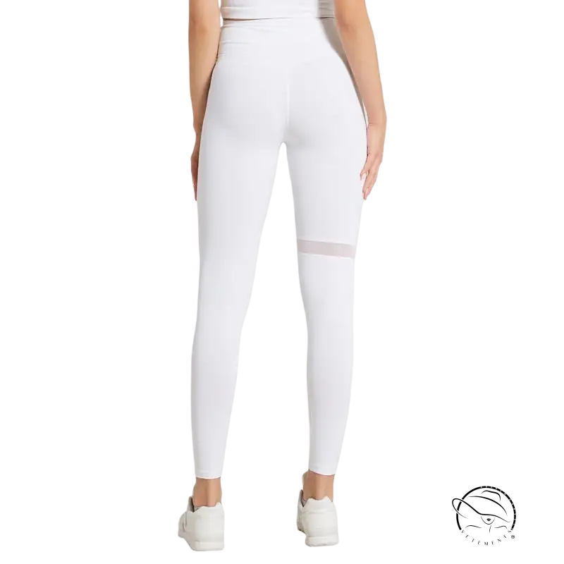 Army green energy flex leggings with white high-waisted mesh thigh panel for fitness yoga