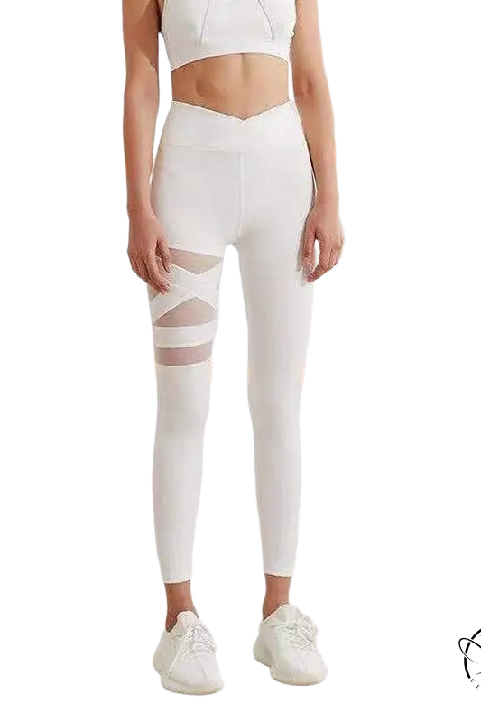 Army green energy flex leggings with white high-waisted sheer mesh thigh panels for fitness yoga