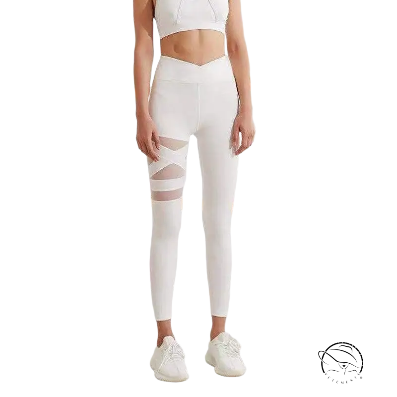 Army green energy flex leggings with white high-waisted sheer mesh thigh panels for fitness yoga