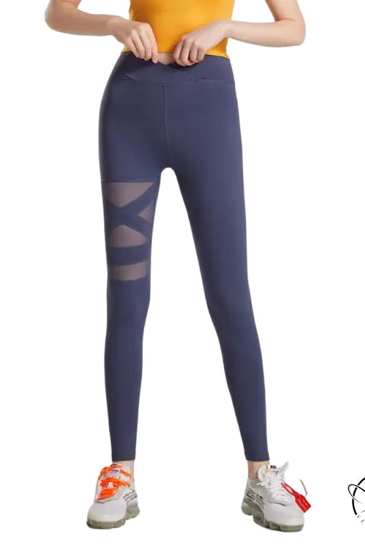 Army green energy flex leggings with navy blue high-waisted sheer mesh thigh panels for fitness yoga