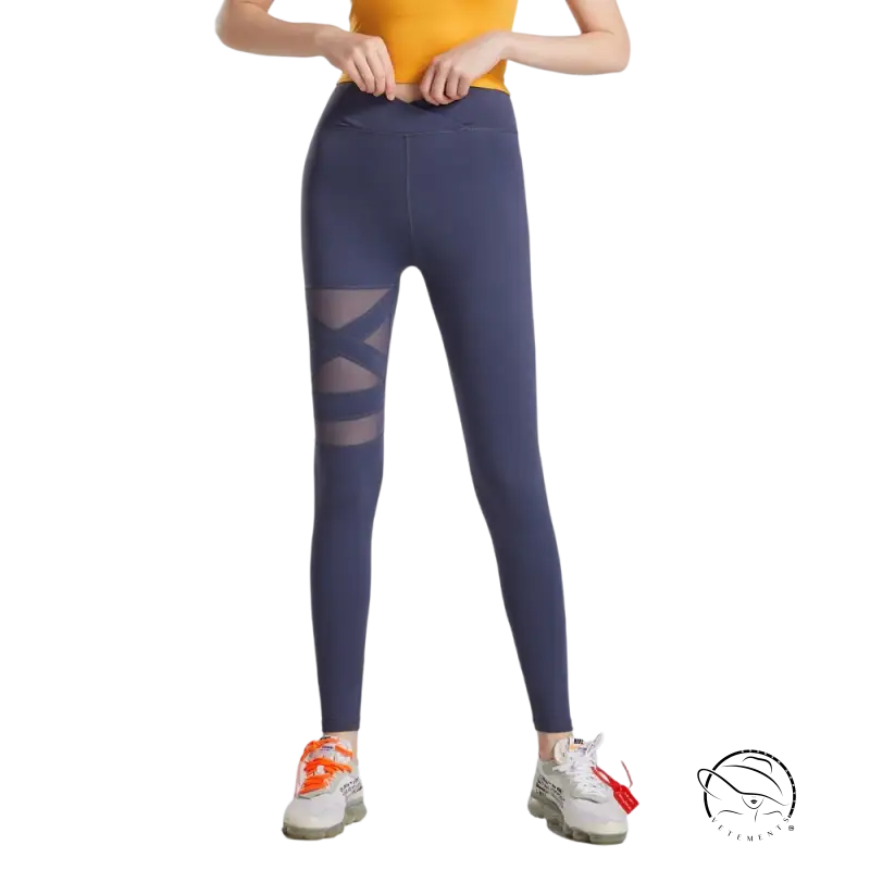 Army green energy flex leggings with navy blue high-waisted sheer mesh thigh panels for fitness yoga