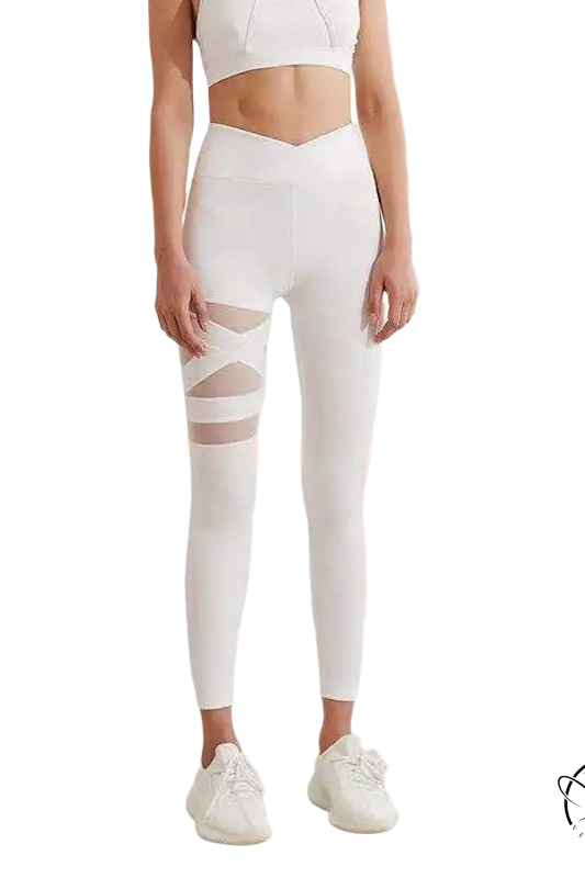 Army green energy flex leggings with sheer mesh thigh panels for yoga fitness