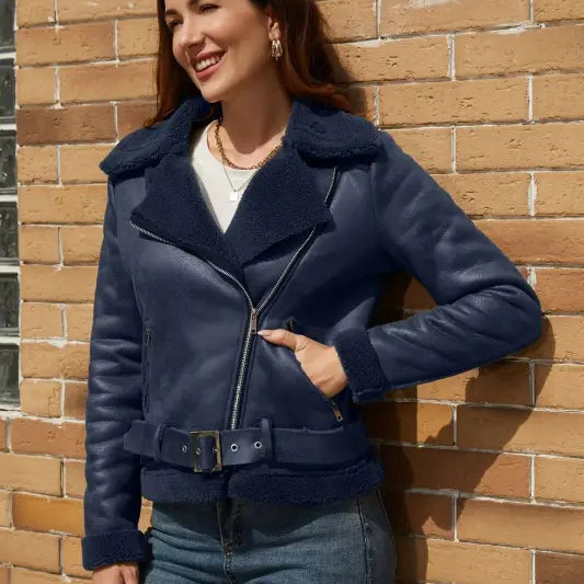 Navy blue faux leather aviator jacket from Army Green Faux Shearling collection