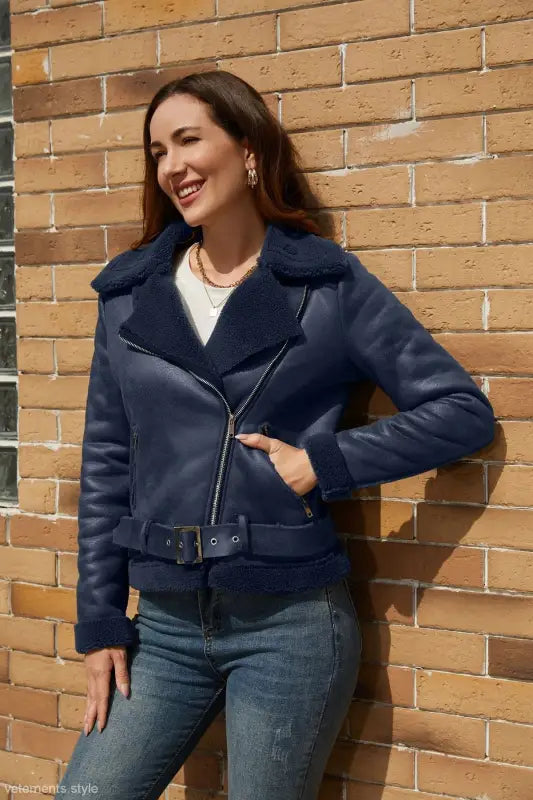 Navy blue faux leather aviator jacket from Army Green Faux Shearling collection