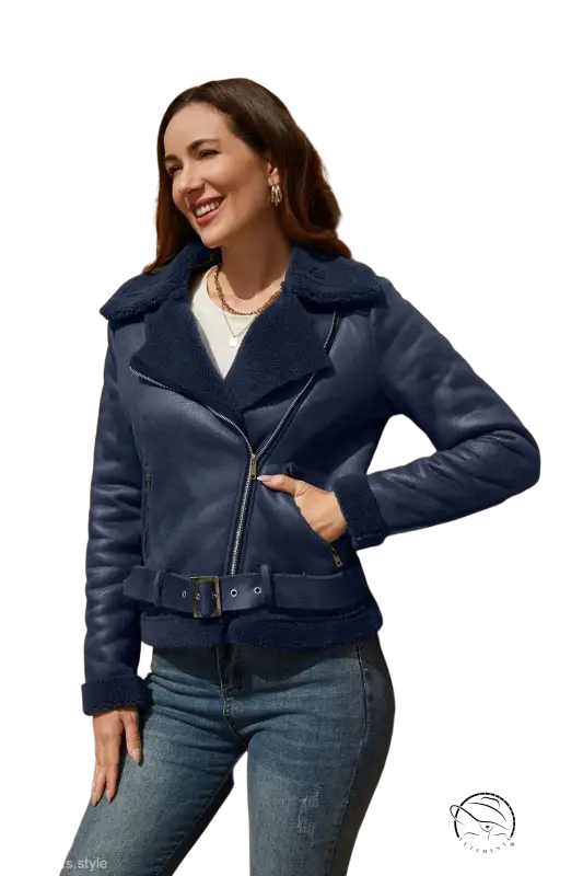 Stylish army green faux shearling leather jacket with belted closure