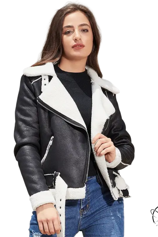 Army green gorgeous leather jacket with faux fur trim and belted pockets