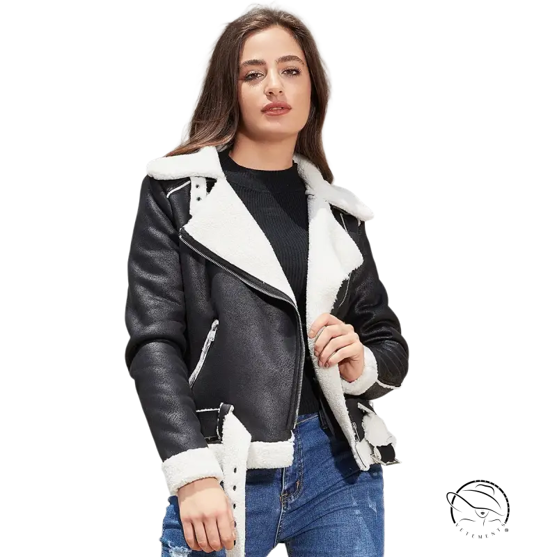 Army green gorgeous leather jacket with faux fur trim and belted pockets