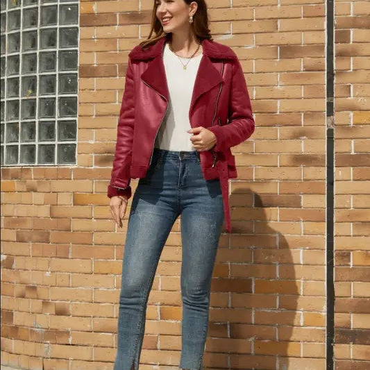 Woman in red shearling jacket and jeans showcasing a stylish army green faux leather jacket with belt closure