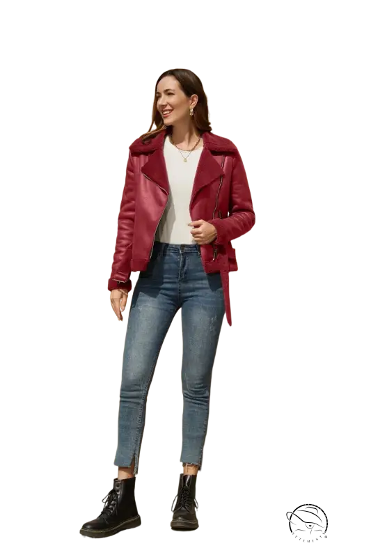 Woman in gorgeous army green faux shearling leather jacket with belt