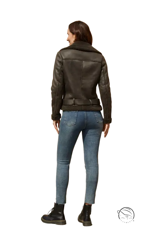 Woman in army green gorgeous leather jacket with belted closure and pockets