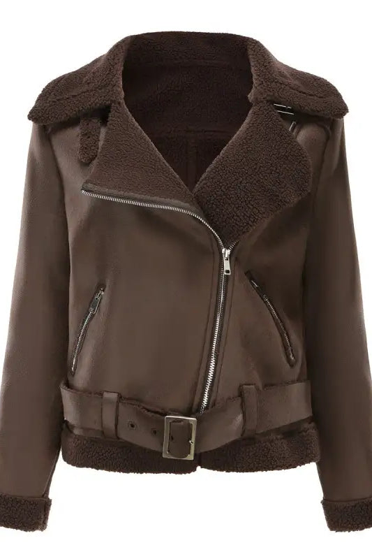 Brown faux leather aviator jacket from Army Green Faux Shearling Jacket collection
