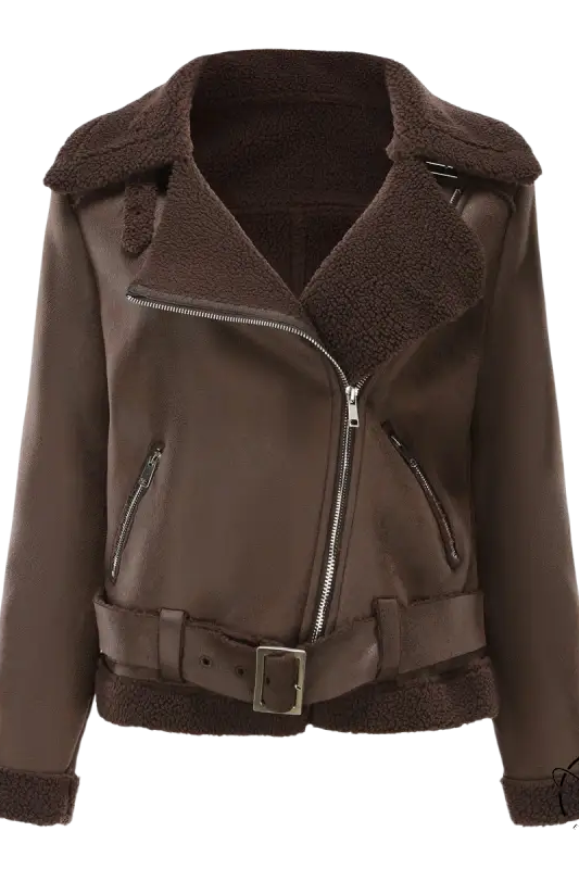 Army green faux shearling leather jacket with belted closure and pockets