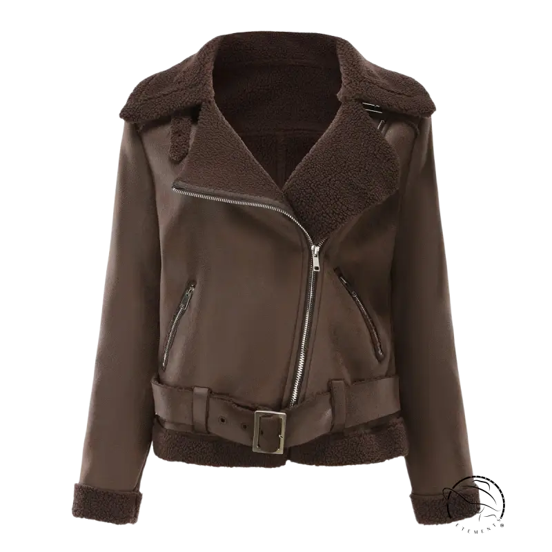 Army green faux shearling leather jacket with belted closure and pockets