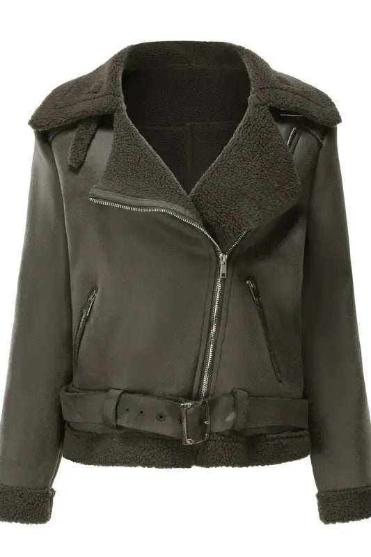 Olive green faux leather aviator jacket with belt and pockets, a gorgeous army green leather jacket