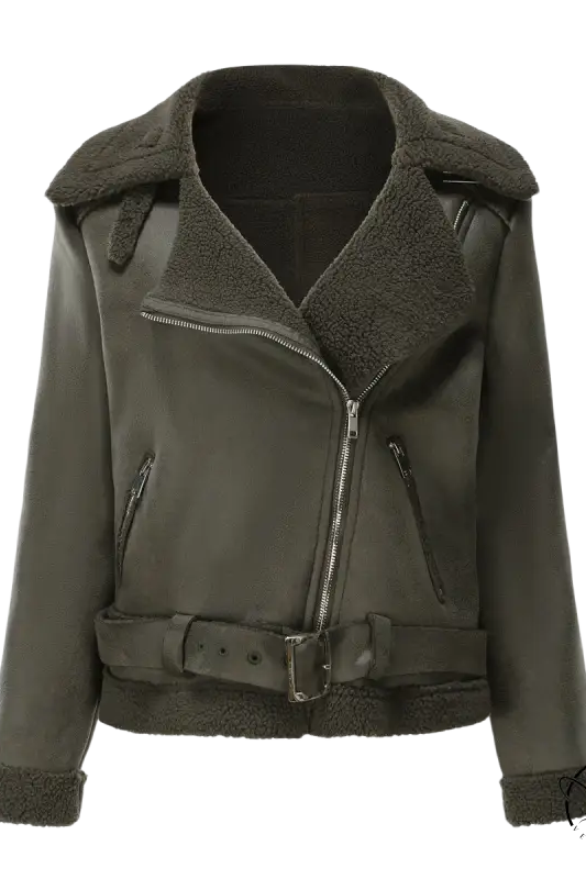 Gorgeous army green faux leather jacket with shearling, belt and pockets