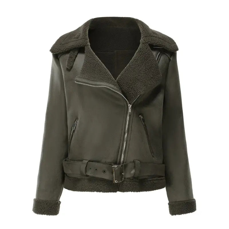 Olive green faux leather aviator jacket with belt and pockets, a gorgeous army green leather jacket