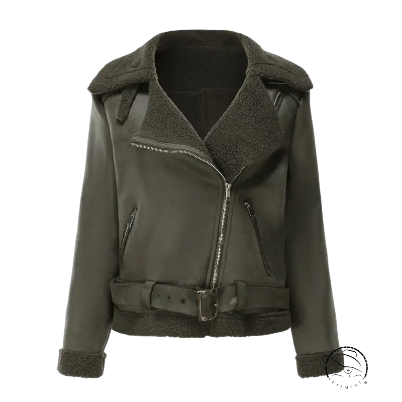 Gorgeous army green faux leather jacket with shearling, belt and pockets