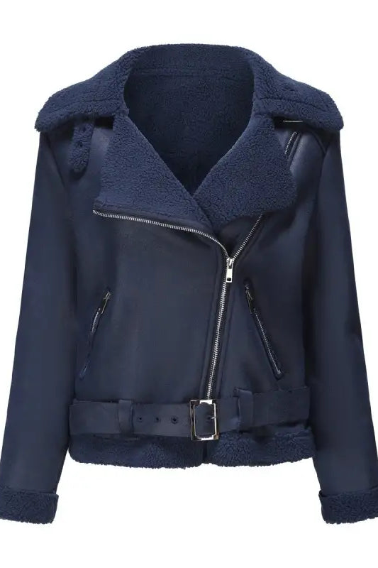 Navy blue faux leather moto jacket featured in Army Green Faux Shearling Jacket product