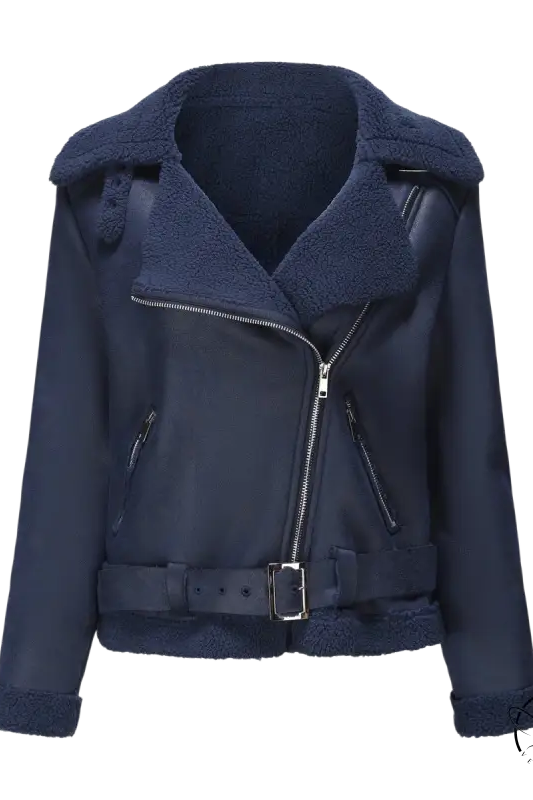 Gorgeous army green faux shearling leather jacket with belted closure and pockets