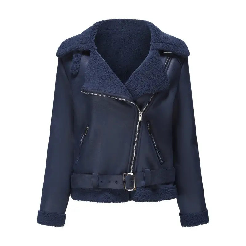 Navy blue faux leather moto jacket featured in Army Green Faux Shearling Jacket product