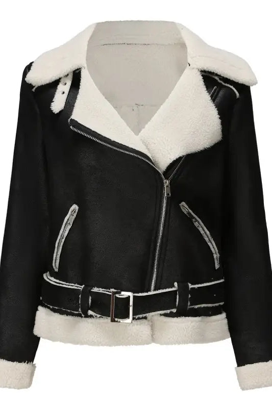 Gorgeous army green faux shearling jacket with belt closure and white faux fur trim