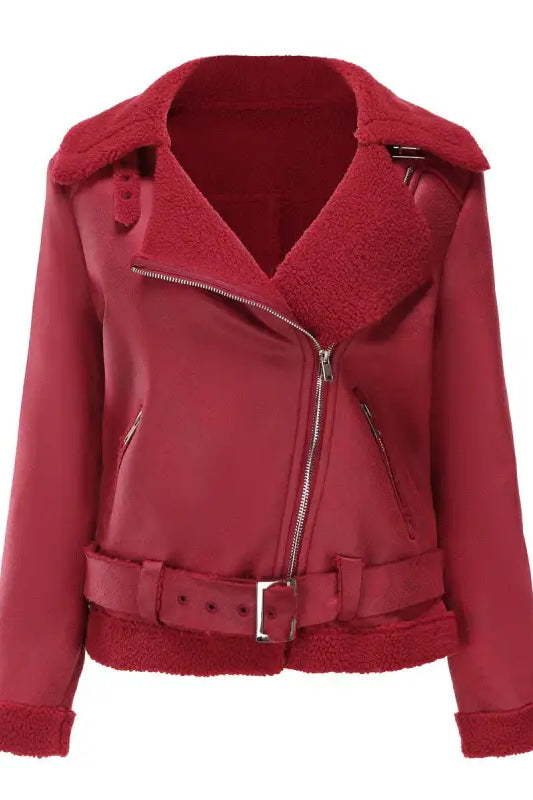 Red faux-suede moto jacket shown in Army Green Faux Shearling Jacket with Belted Closure