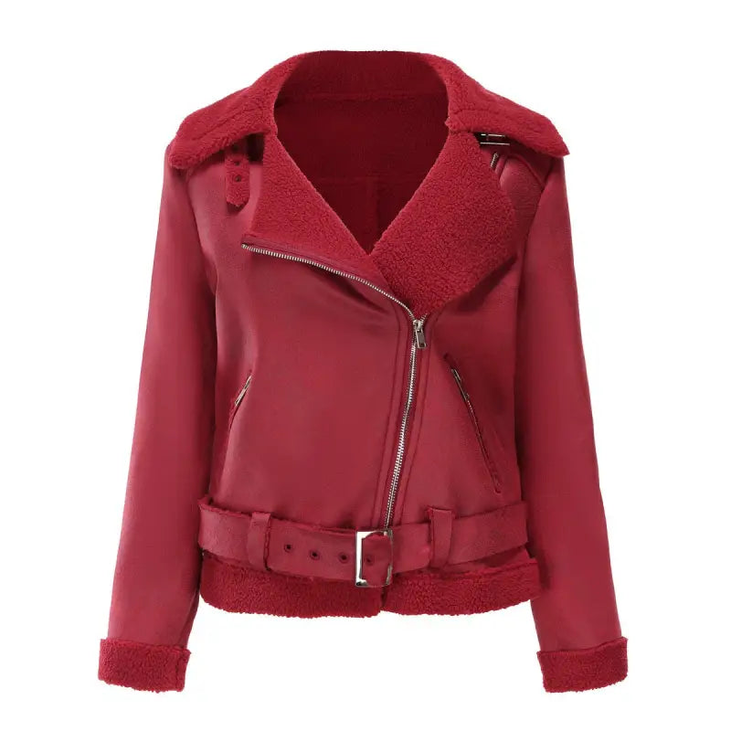 Red faux-suede moto jacket shown in Army Green Faux Shearling Jacket with Belted Closure