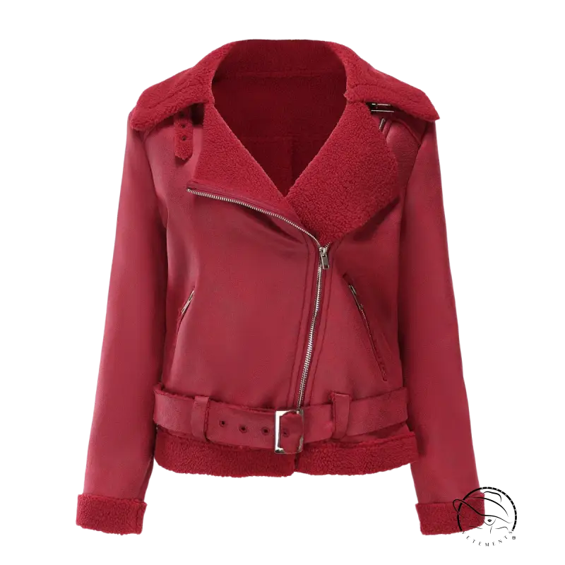 Army green faux shearling leather jacket with belted closure and pockets