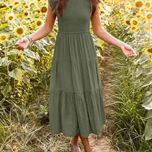 Olive green flounced large swing midi dress with ruffle and cutout details