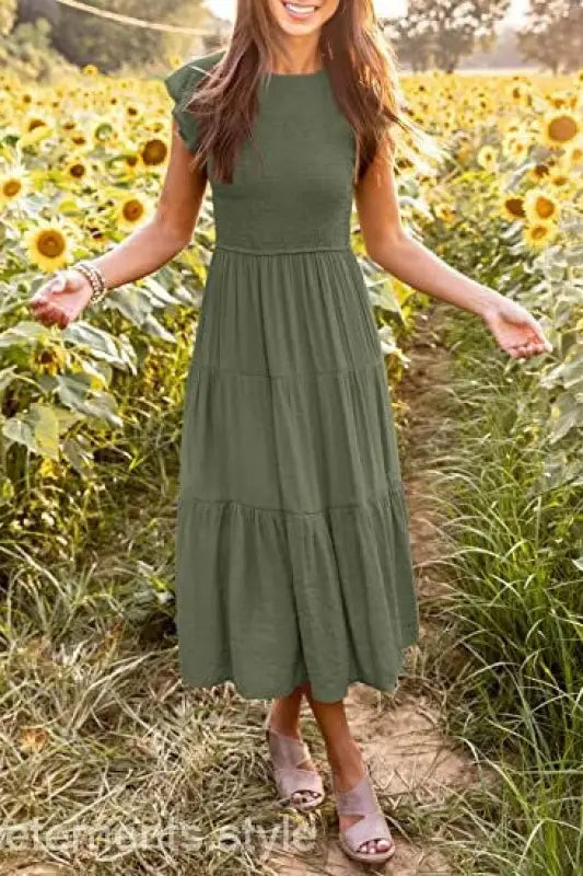 Olive green flounced large swing midi dress with ruffle and cutout details