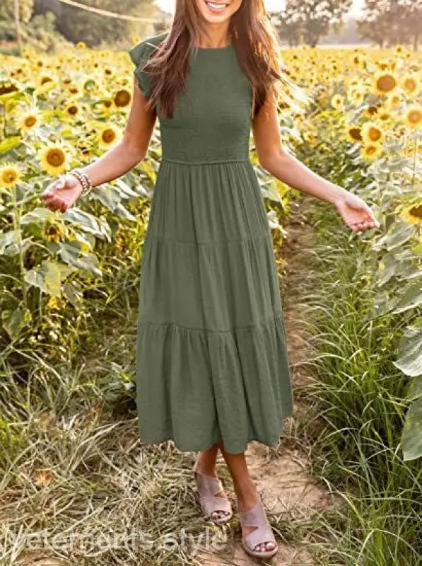 Olive green flounced large swing midi dress with ruffle and cutout details