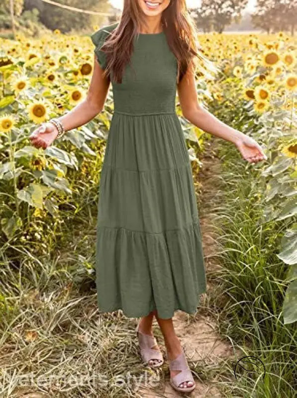 Army green flounced large swing dress with ruffle details