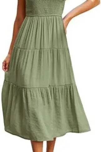 Sage green flounced large swing midi dress with ruffle and cutout details