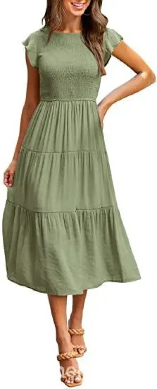 Sage green flounced large swing midi dress with ruffle and cutout details