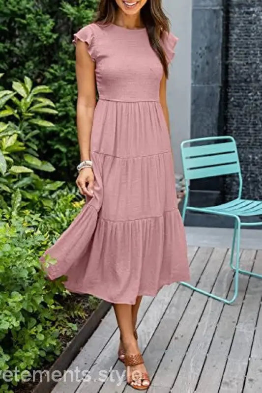 Dusty rose flounced large swing midi dress with ruffle and cutout details
