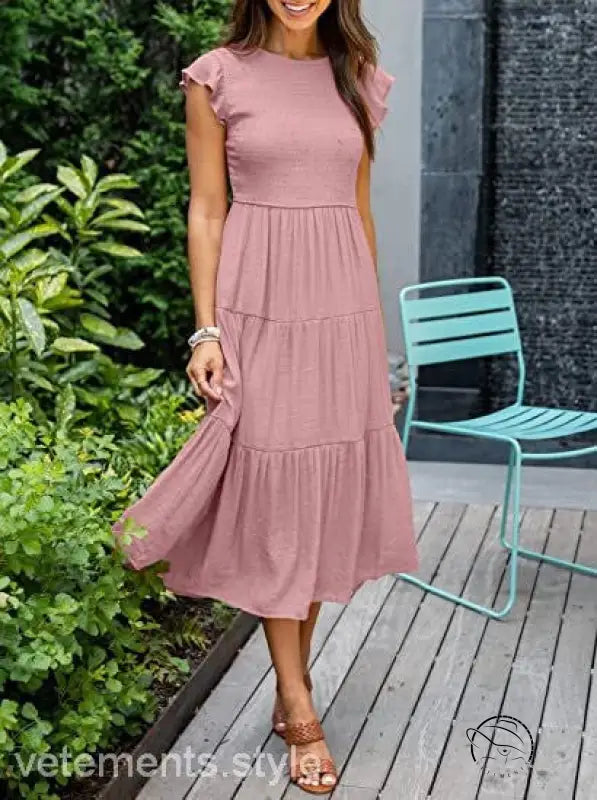 Army green flounced large swing dress with dusty rose tiered midi