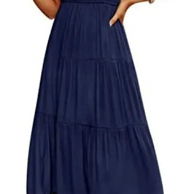 Navy blue tiered midi dress with flounced large swing design and ruffle details