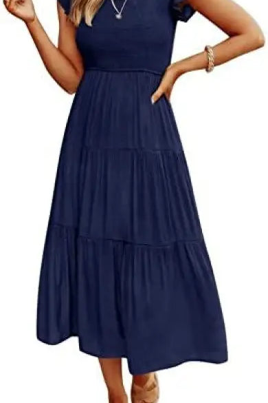 Navy blue tiered midi dress with flounced large swing design and ruffle details