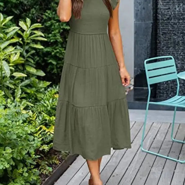 Olive green flounced large swing midi dress with ruffle and cutout details