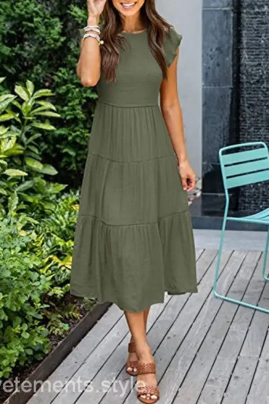 Olive green flounced large swing midi dress with ruffle and cutout details